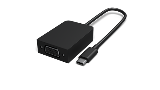 旁邊有捲著的 USB 連接線的 USB-C VGA 配接器圖片。
