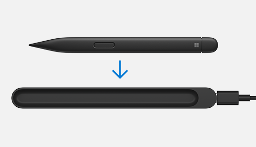一台 Surface Slim Pen 2，箭頭指向 Surface Slim 筆充電器。