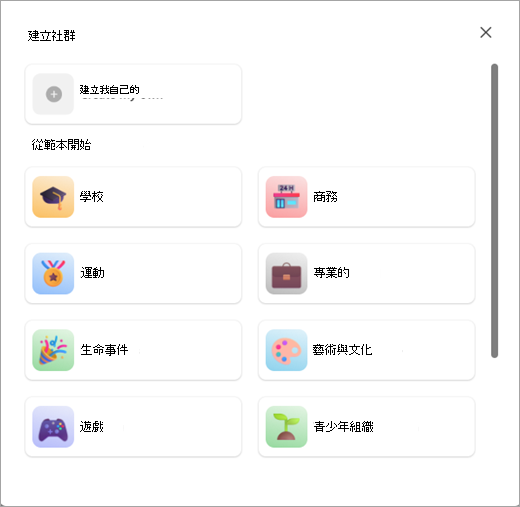 在 Microsoft Teams 中的社群中建立具有或不含範本的社群之按鈕的螢幕擷取畫面 (免費) 。