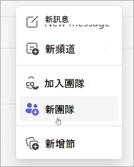 建立新小組選項的螢幕擷取畫面。選取 [新項目] 選項後會顯示。