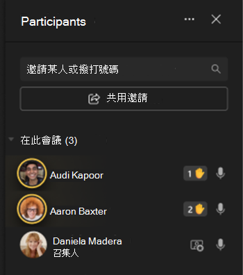 影像顯示畫面左側的參與者及舉手圖示。