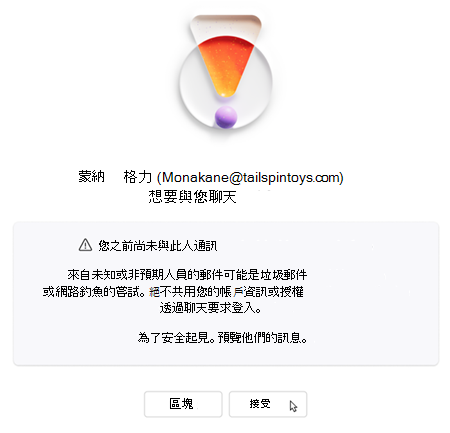 訊息要求使用者接受或封鎖新聊天