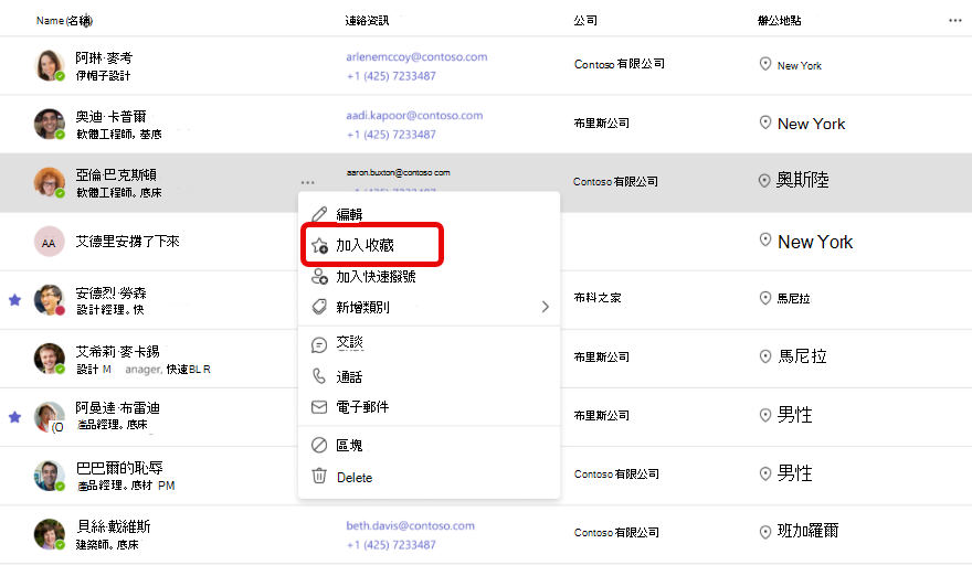 Teams 上的 People 應用程式中新增至我的最愛的螢幕擷取畫面