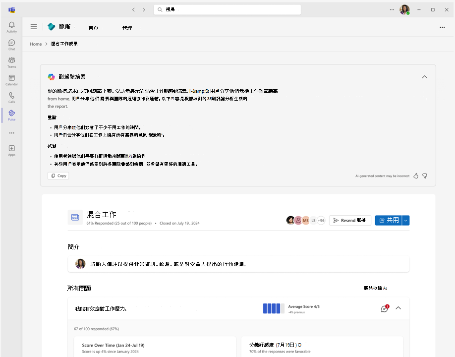 Pulse 報告截圖，顯示使用 Copilot 產生的摘要