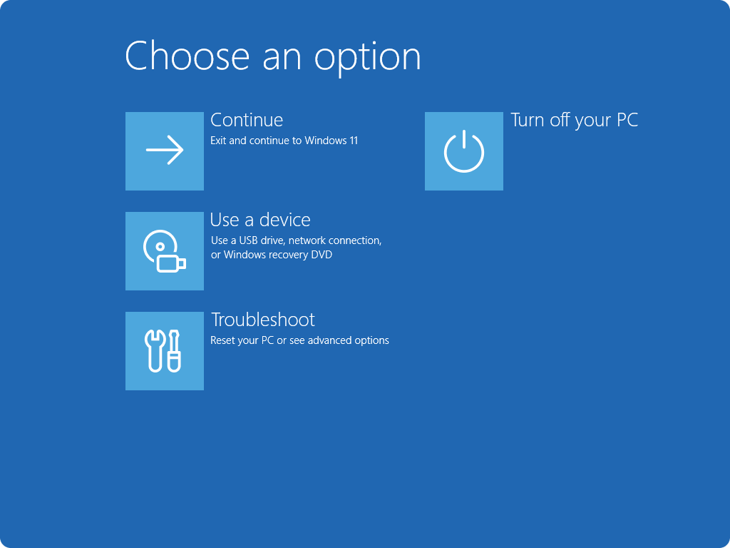Windows RE 中「選擇選項」畫面的截圖。