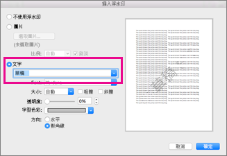 在 [插入浮水印] 方塊中，按一下 [文字]