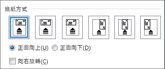 進紙選項圖，說明信封裝入印表機的方式