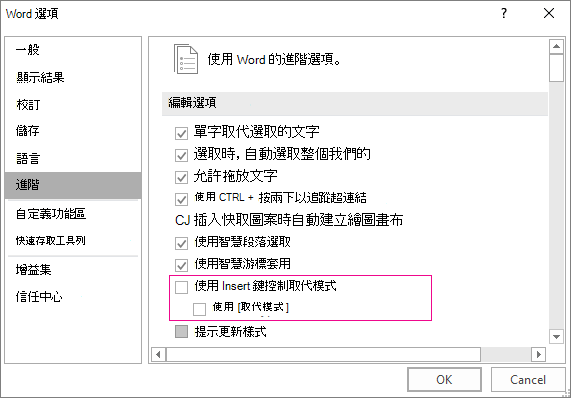 進階 Word 選項對話框，在編輯選項中，使用重打模式勾選框