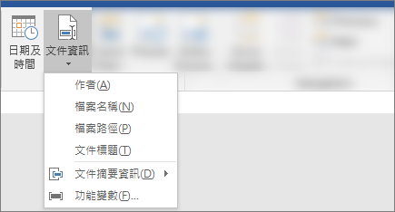 截圖顯示文件資訊和日期 & 時間按鈕在Word色帶上