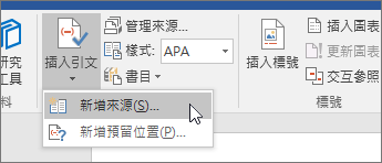 指向 [插入引文]，然後選擇 [新增新來源]