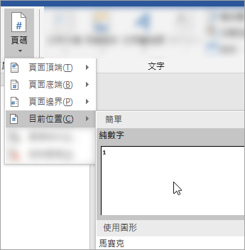 截圖顯示在文件當前位置選擇普通格式頁碼