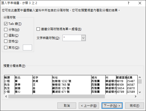 分隔符號的選項會在文字匯入精靈中醒目提示。