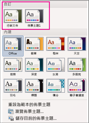 [佈景主題] 功能表顯示自訂及內建佈景主題