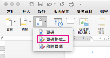 若要格式化頁碼，請在頁首 & 頁尾標籤點選頁碼，然後點選格式化頁碼。