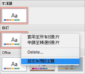 顯示自訂佈景主題的 [設定為預設佈景主題] 選項