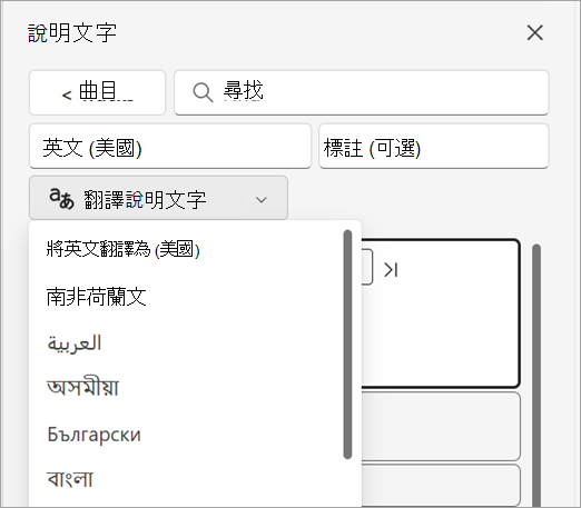 在字幕面板中選擇翻譯字幕下拉選單。