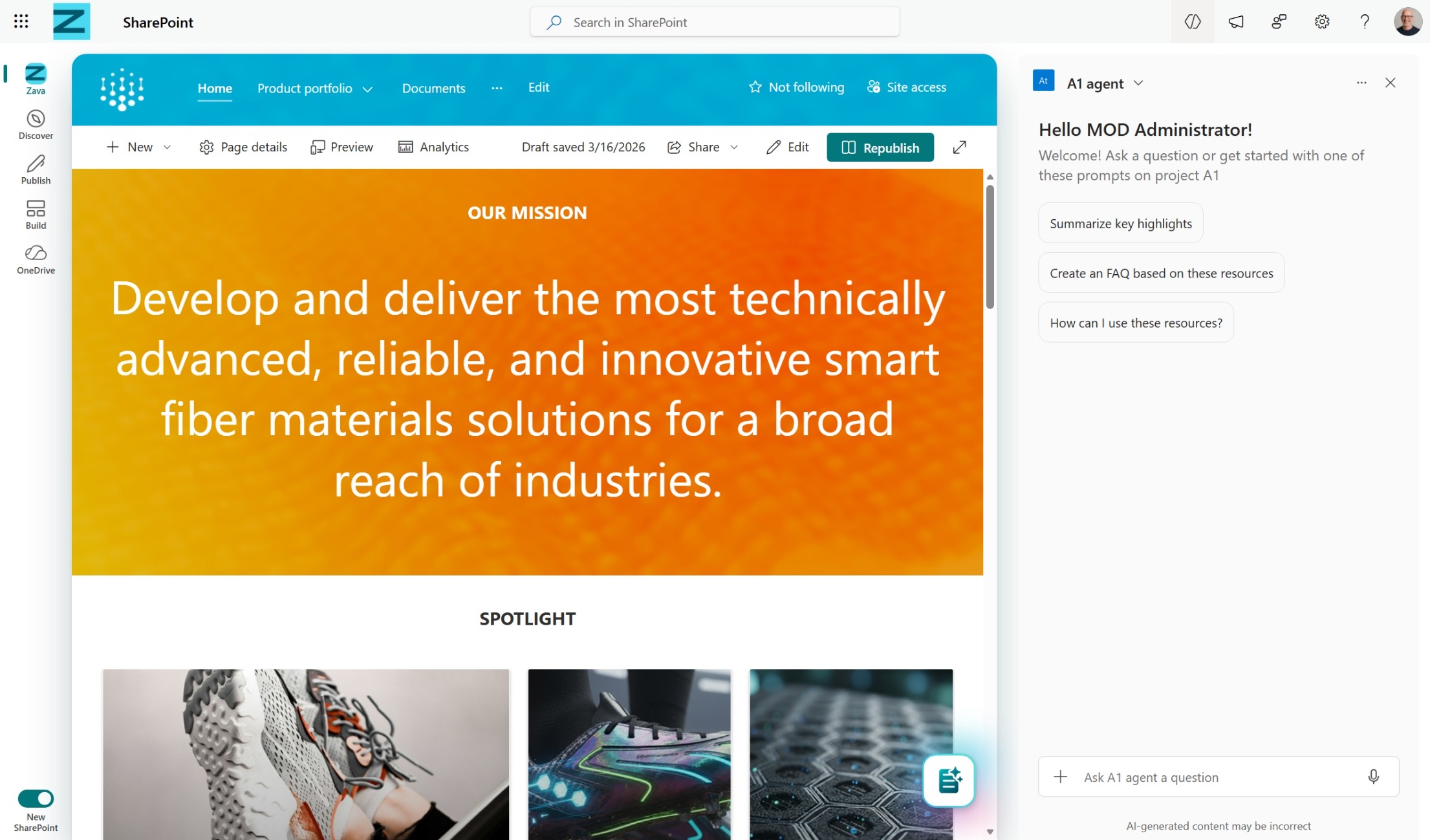 截圖顯示 SharePoint 網站上側邊面板，用來與代理互動