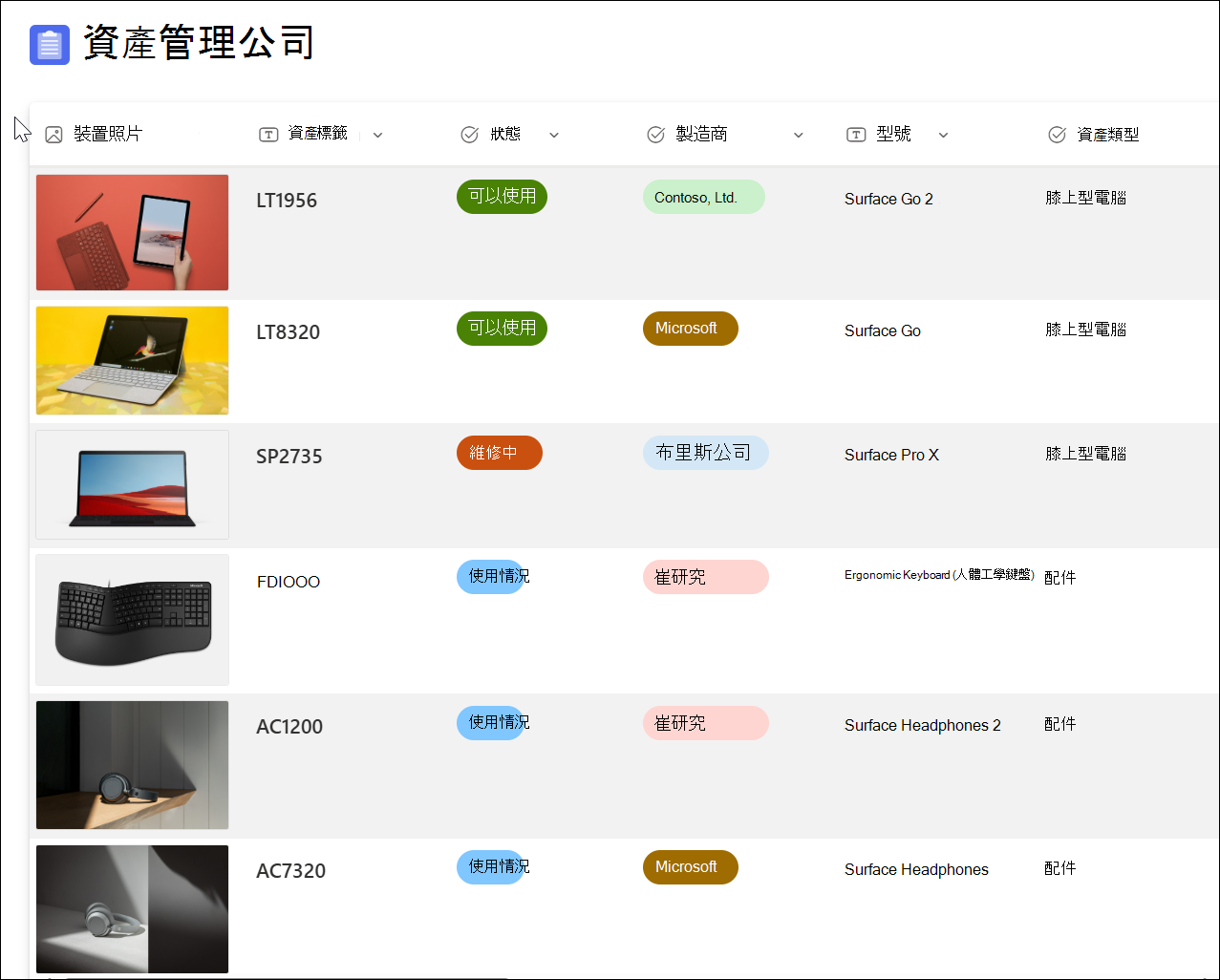 列表範本資產管理範例截圖