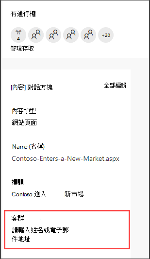 頁面詳細窗格，並可選擇輸入受眾