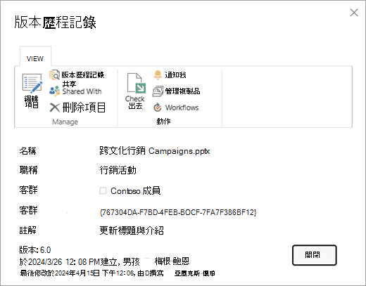 給定檔案的版本歷史對話框。