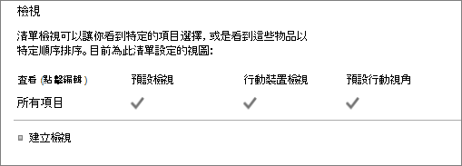 列表設定中的列表檢視區段