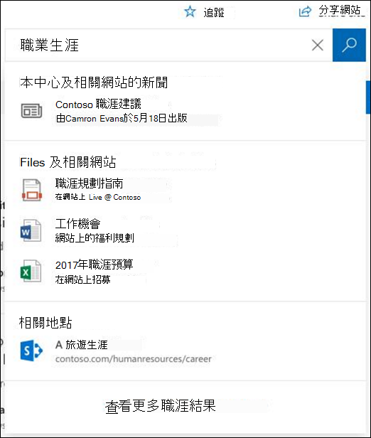 SharePoint 樞紐網站的搜尋結果