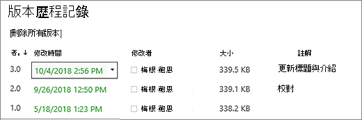 版本歷史對話框，包含三個版本。