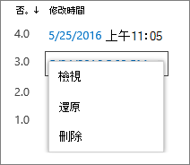 版本歷史選項 (檢視、還原、刪除) 