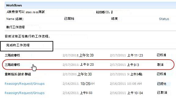 項目的 [工作流程] 頁面上的 [已完成的工作流程] 清單