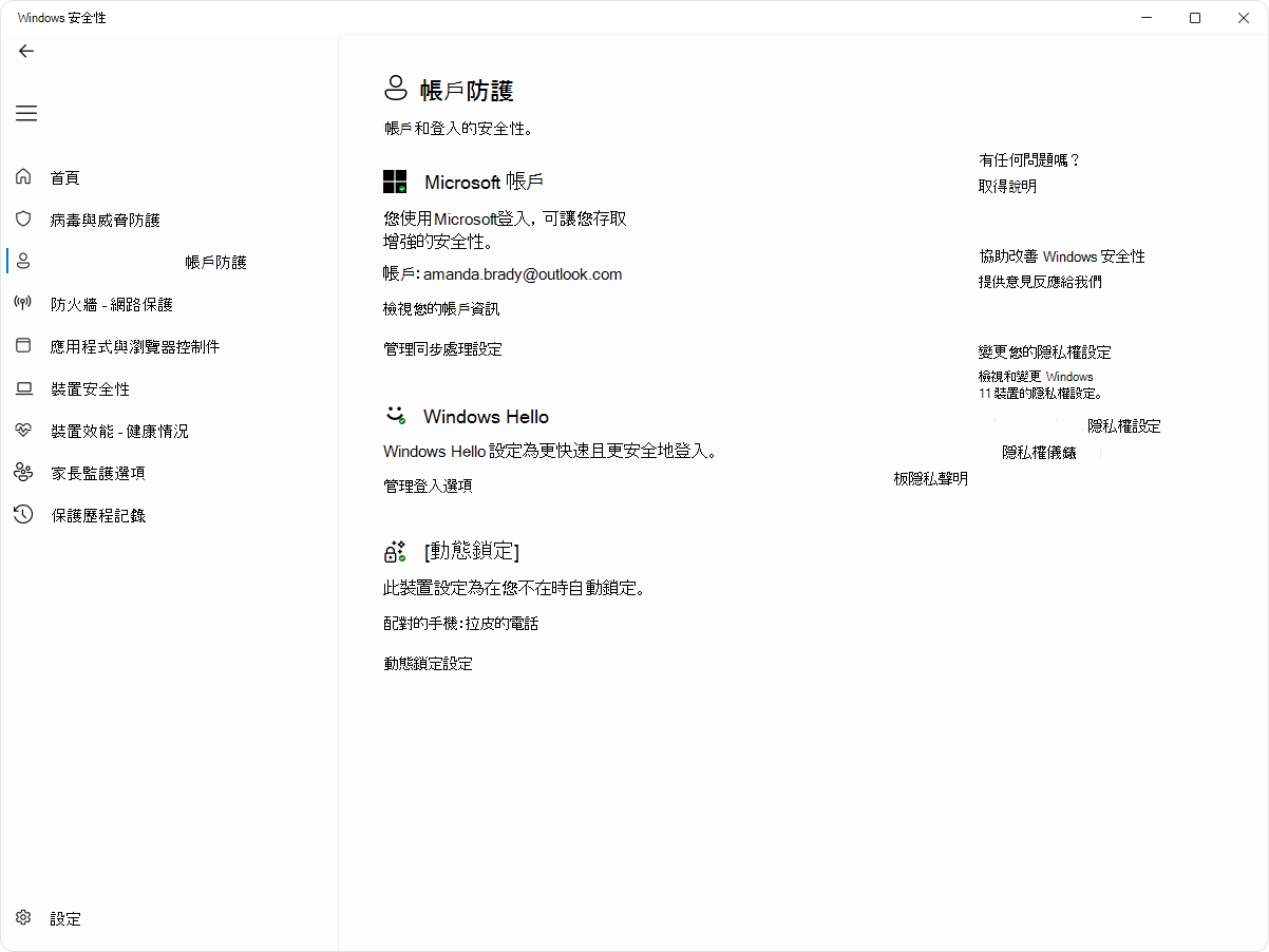 Windows 安全性應用程式帳號保護頁面的截圖。