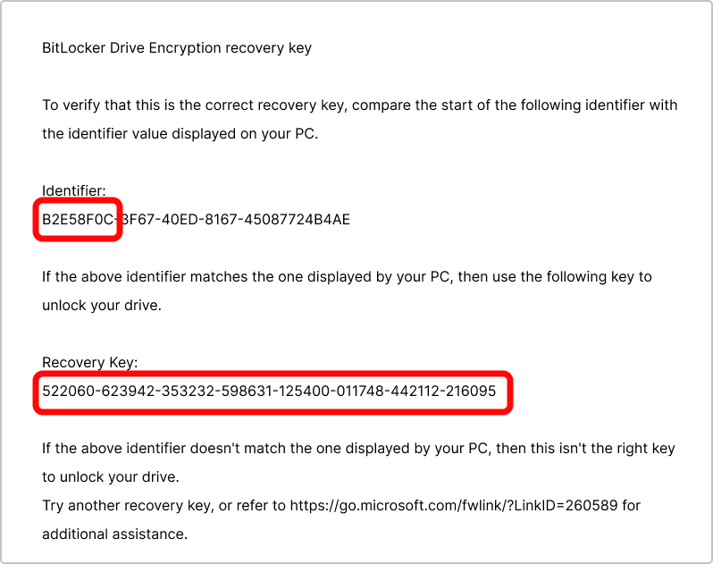 BitLocker 恢復金鑰列印出來的截圖。