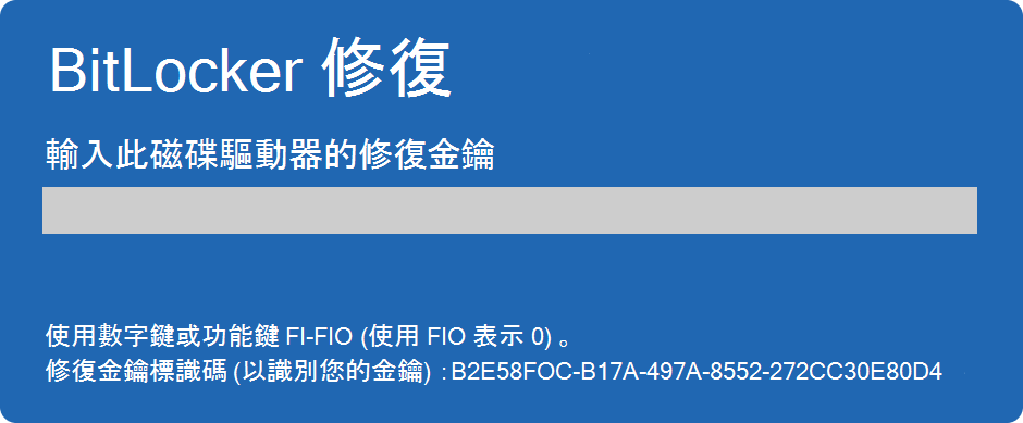 BitLocker 恢復畫面的截圖。