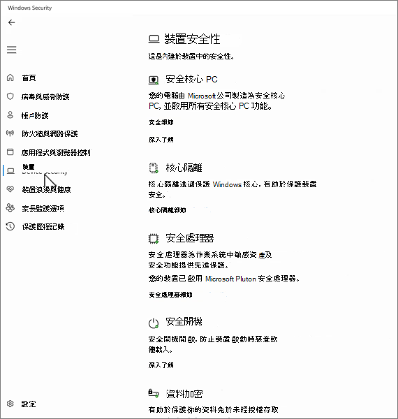 Windows 安全性應用程式中裝置安全畫面的截圖。