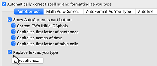 Mac 版 Word 則在輸入時替換文字勾選框。