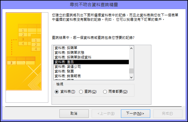 在 [尋找不吻合資料查詢精靈] 對話方塊中選取資料表或查詢