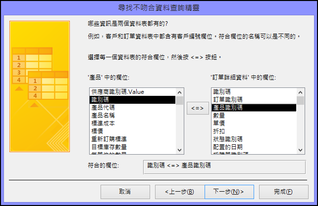 從 [尋找不吻合資料查詢精靈] 對話方塊的資料表中選取要比對的欄位