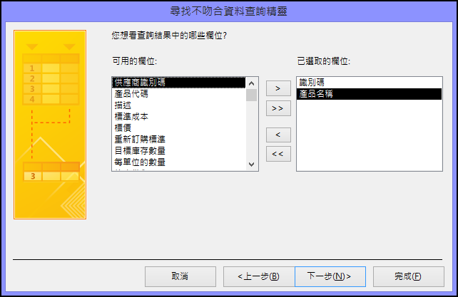 在 [尋找不吻合資料查詢精靈] 對話方塊中選取要在查詢輸出中看到的欄位
