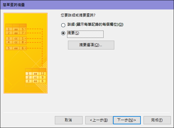 選取 [簡單查詢精靈] 對話方塊上的 [詳細資料] 或 [摘要]