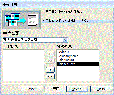 報表精靈中的欄位選取