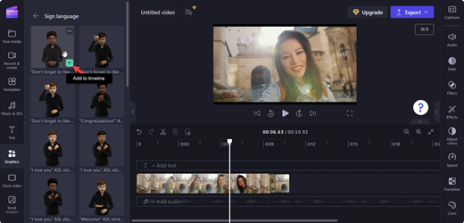 這是 Clipchamps 編輯器頁面的截圖，選取頭像的「新增到時間軸」標籤上有個指標。