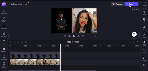 一張 Clipchamp 編輯頁面的截圖，匯出按鈕有個指標來儲存影片片段。