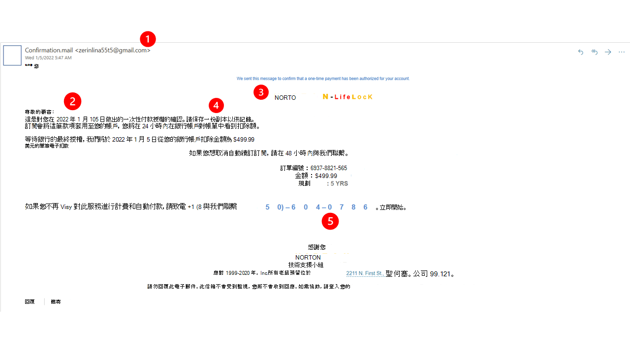 假裝來自 Norton 的詐騙電子郵件範例。
