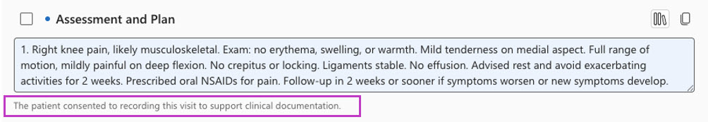 Assessment and Plan sample output with additional text shown underneath the Assessment and Plan box.