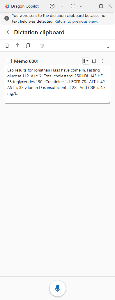 Dictation clipboard open in the Dragon Copilot narrow view with sample dictation text of lab results.