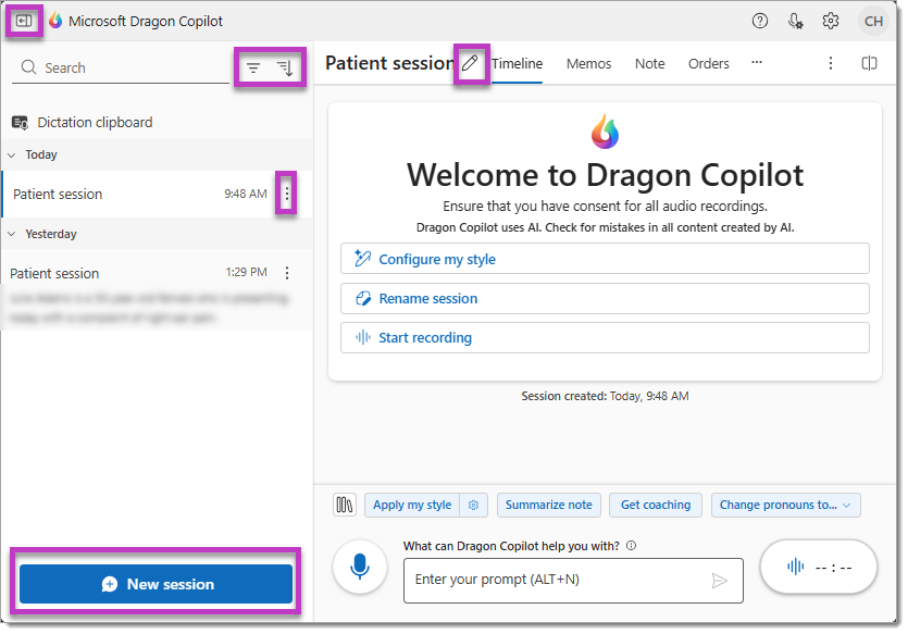 Image of the session list and a new session.