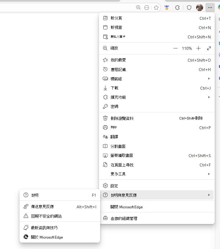 顯示 Edge 中說明和意見反應的螢幕擷取畫面。