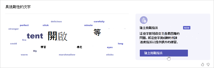 顯示單字云的截圖顯示學生最常誤讀哪些單字。字越大，學生犯錯的次數越多。滑鼠會懸停在「顯著」這個字上，跳出視窗顯示該字漏選了 52 次。