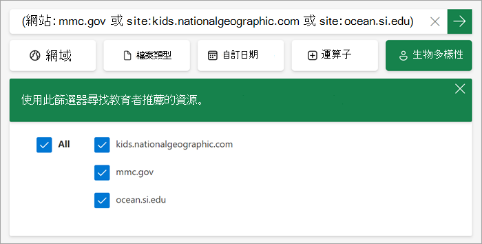 自訂過濾器開啟時學生會看到的截圖。