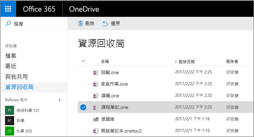 OneDrive 資源回收筒以及筆記本頁面清單。