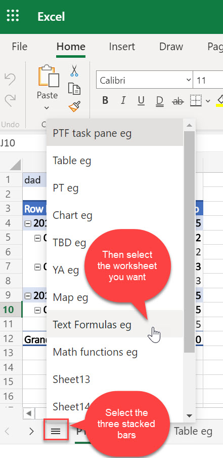 Excel 網頁版中的所有 [試算表] 功能表
